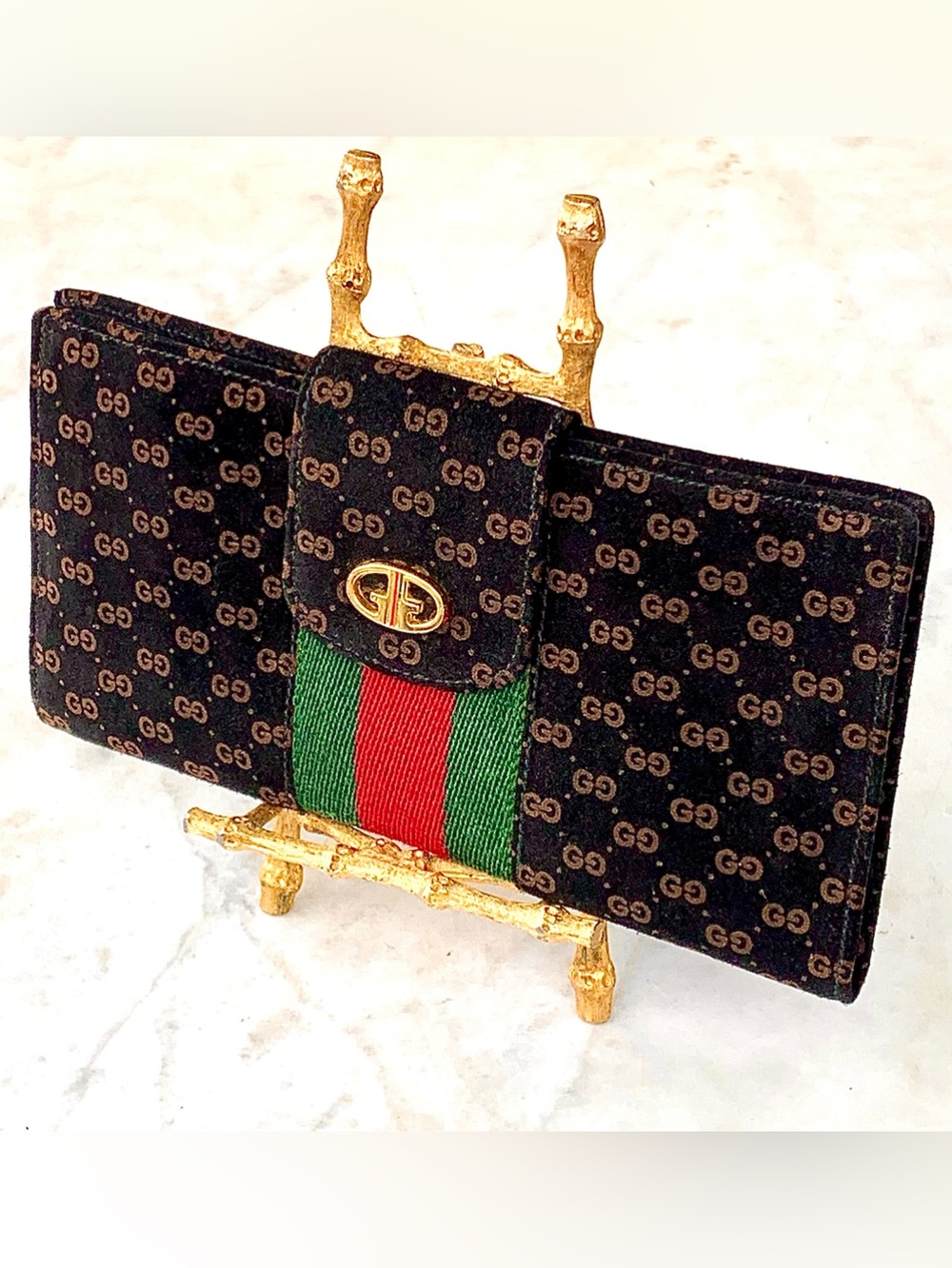 GUCCI SHERRY LINE GG Trifold Wallet BROWN Red & Green LIMITED ED. VINTAGE 1970